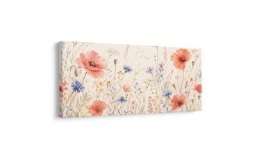 TABLEAU SUR TOILE – PRAIRIE AQUARELLE AUX BLEUETS BLEUS - TABLEAUX DE COQUELICOTS - TABLEAUX