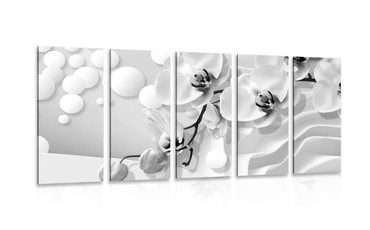 QUADRO IN 5 PARTI ORCHIDEA IN BIANCO E NERO SU SFONDO ASTRATTO - QUADRI BIANCO E NERO - QUADRI