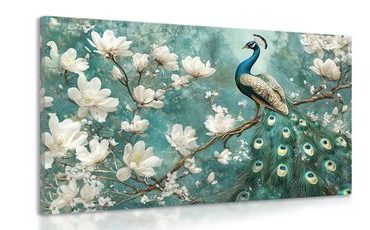 TABLEAU SUR TOILE – PAON ENTOURÉ DE FLEURS BLANCHES - TABLEAUX PAONS - TABLEAUX