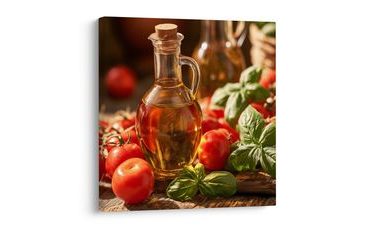 TABLEAU SUR TOILE – SAVEURS MÉDITERRANÉENNES AUX TOMATES ET BASILIC - IMAGES DE NOURRITURE ET DE BOISSONS - TABLEAUX