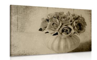 CANVAS PRINT ROSES IN A VASE IN SEPIA - BLACK AND WHITE PICTURES - PICTURES