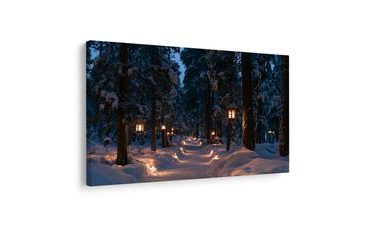 TABLEAU SUR TOILE – CHEMIN FORESTIER ENNEIGÉ ILLUMINÉ - TABLEAUX DE NOËL ET D’HIVER - TABLEAUX