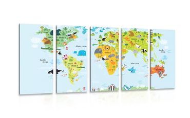 5-PIECE CANVAS PRINT CHILDREN'S WORLD MAP WITH ANIMALS - CHILDRENS PICTURES - PICTURES