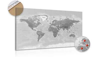 DECORATIVE PINBOARD BEAUTIFUL BLACK AND WHITE MAP OF THE WORLD - PICTURES ON CORK - PICTURES