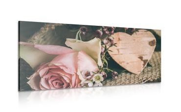 WANDBILD ROSE UND HERZ IM VINTAGE-DESIGN - VINTAGE- UND RETRO-BILDER - BILDER