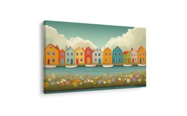 OBRAZ BAREVNÁ ŘADA DOMKŮ U ŘEKY - BAREVNÉ DOMY - OBRAZY
