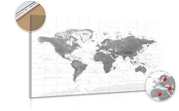 DECORATIVE PINBOARD BEAUTIFUL WORLD MAP IN BLACK AND WHITE - PICTURES ON CORK - PICTURES