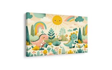 WANDBILD SPIELETAG DER KLEINEN DINOS IN DER NATUR - KINDERBILDER TIERE - BILDER