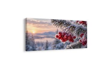 TABLEAU SUR TOILE – BAIES ROUGES GIVRÉES À L’AUBE - TABLEAUX DE NOËL ET D’HIVER - TABLEAUX