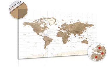 Picture on cork of gorgeous vintage world map with white background