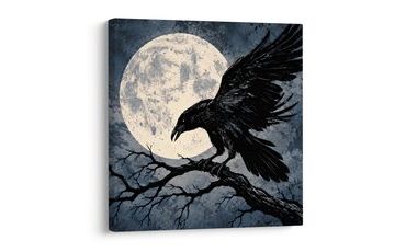QUADRO SU TELA – CORVO NERO SOTTO LA LUNA PIENA - QUADRI HALLOWEEN E HORROR - STAMPE E QUADRI