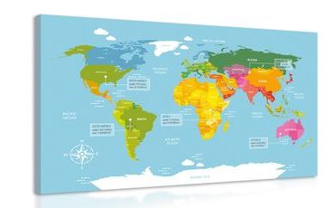 CANVAS PRINT WORLD MAP WITH A DESCRIPTION OF EACH CONTINENT - PICTURES OF MAPS - PICTURES