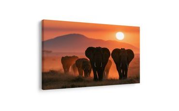 TABLEAU SUR TOILE – ÉLÉPHANTS AU COUCHER DU SOLEIL - TABLEAUX ÉLÉPHANTS - TABLEAUX