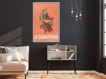 moderná obývačka, tmavá stena, vintage plagát s gramofónom
