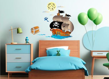 chlapčenská detská izba s modrými dekoráciami, nálepky na stenu - pirátska loď