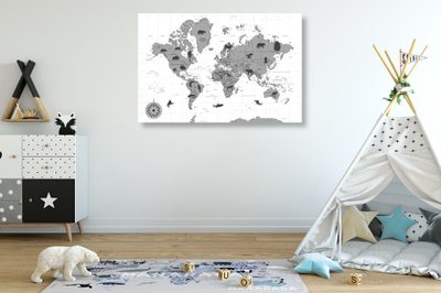 montessori detská izba - čiernobiely obraz mapa sveta