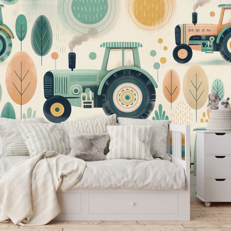 TAPETA DĚTSKÉ TRAKTORY V PASTELOVÝCH BARVÁCH - DĚTSKÉ TAPETY - TAPETY
