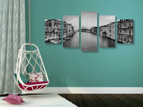 TABLOU 5-PIESE CANALUL RENUMIT ÎN VENEȚIA ÎN DESIGN ALB-NEGRU - TABLOURI ALB-NEGRU - TABLOURI