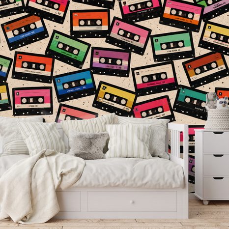 TAPETE RETRO BUNTE KASSETTEN - MUSIK FOTOTAPETEN - TAPETEN