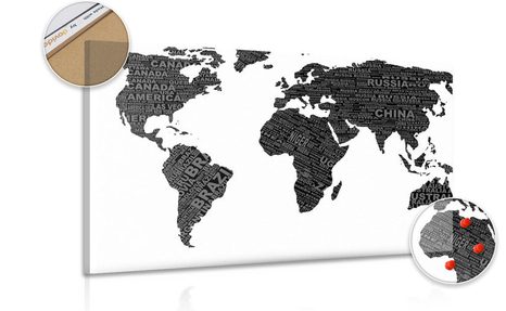 DECORATIVE PINBOARD BLACK AND WHITE WORLD MAP - PICTURES ON CORK - PICTURES