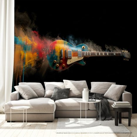 SELBSTKLEBENDE TAPETE BUNTE GITARRE AUF SCHWARZEM HINTERGRUND - MUSIK FOTOTAPETEN - TAPETEN