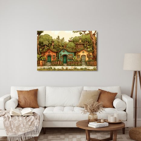 WANDBILD MÄRCHENHAFTE HÄUSER IM GARTEN - BUNTE HÄUSER - BILDER