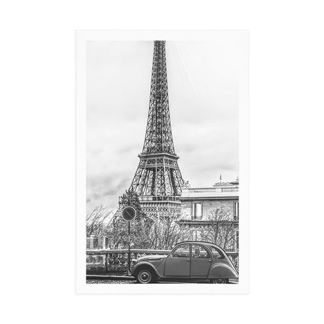 POSTER – VISTA SULLA TORRE EIFFEL DALLA STRADA DI PARIGI IN BIANCO E NERO - NERO E BIANCO - POSTER