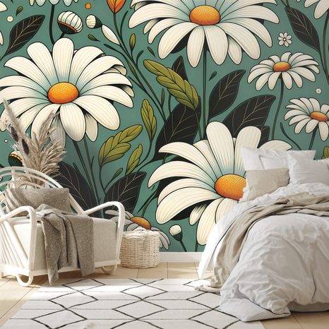 TAPETE RETRO-MARGERITEN MIT BLÄTTERN - TAPETEN MIT BLUMENMOTIVEN - TAPETEN