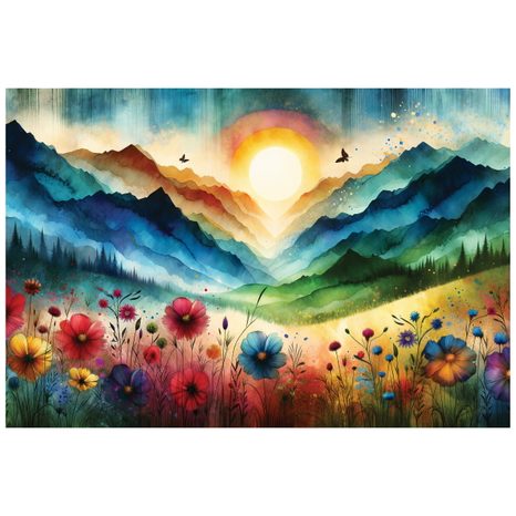 TAPETA BAREVNÁ HORSKÁ KRAJINA S KVĚTINAMI - TAPETY HORY - TAPETY