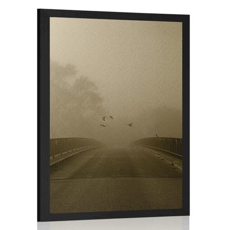 POSTER ZBORUL PĂSĂRILOR DEASUPRA PODULUI ÎN DESIGN SEPIA - ALB-NEGRU - POSTERE