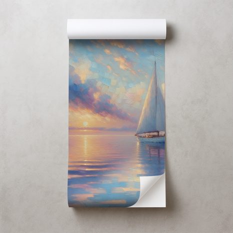 SAMOLEPÍCÍ TAPETA PLACHETNICE NA KLIDNÉM MOŘI PŘI ZÁPADU SLUNCE - TAPETY VÝCHOD A ZÁPAD SLUNCE - TAPETY