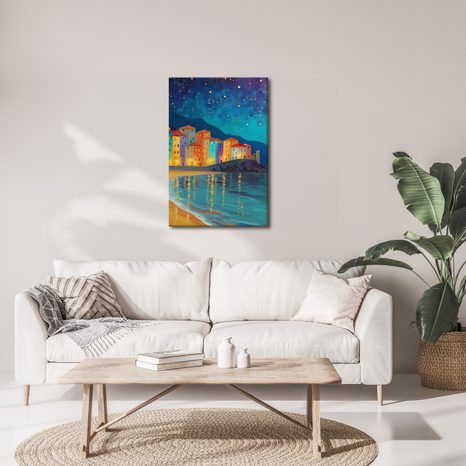 OBRAZ MĚSÍČNÍ ZÁŘE NAD MĚSTEM - BAREVNÉ DOMY - OBRAZY