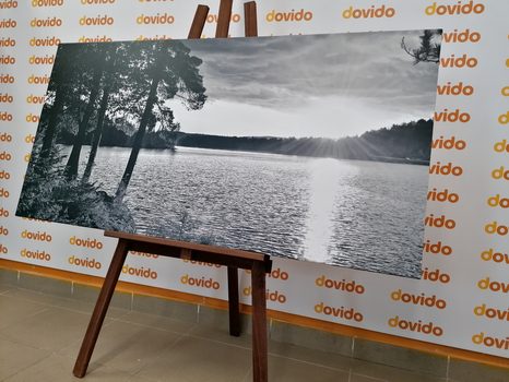 SLIKA SONČNI ZAHOD NAD JEZEROM V ČRNOBELI IZVEDBI - ČRNOBELE SLIKE - SLIKE