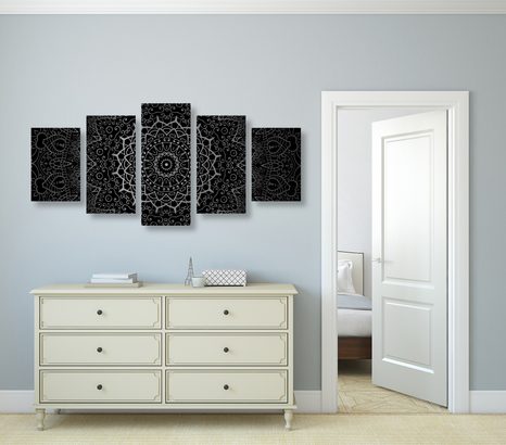 TABLOU 5-PIESE MANDALA VINTAGE ÎN STIL INDIAN ÎN DESIGN ALB-NEGRU - TABLOURI ALB-NEGRU - TABLOURI