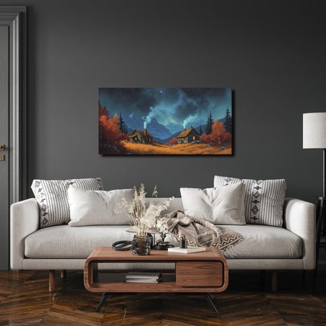 OBRAZ VÁNOČNÍ CHALUPY V HORÁCH - BAREVNÉ DOMY - OBRAZY