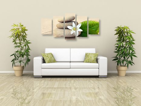 5-DÍLNÝ OBRAZ BÍLÝ KVĚT A KAMENY V PÍSKU - OBRAZY FENG SHUI - OBRAZY