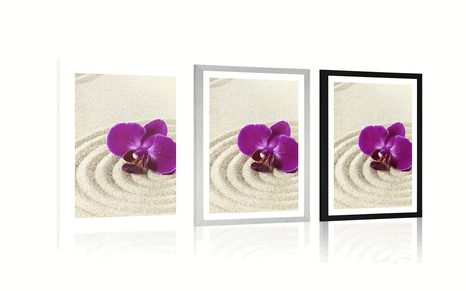 POSTER WITH MOUNT SANDY ZEN GARDEN WITH A PURPLE ORCHID - FENG SHUI - POSTERS
