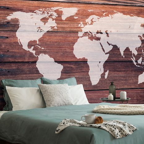 CARTA DA PARATI – MAPPA DEL MONDO CON SFONDO DI LEGNO - CARTA DA PARATI MAPPE - CARTA DA PARATI