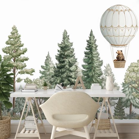 SAMOLEPÍCÍ TAPETA MEDVĚD V BALÓNU NAD LESEM - DĚTSKÉ TAPETY - TAPETY