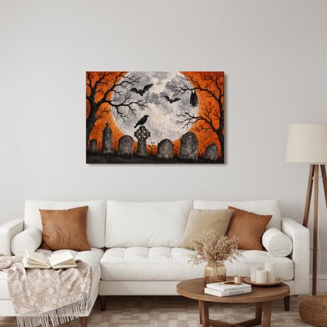 WANDBILD GEHEIMNISVOLLER FRIEDHOF UNTER VOLLMOND - HALLOWEEN- UND HORROR-BILDER - BILDER