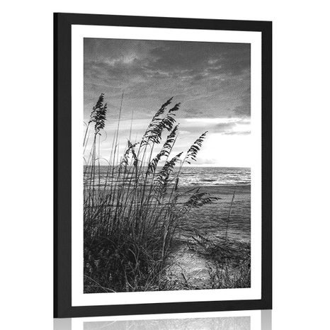 AFFICHE AVEC MONTURE COUCHER DE SOLEIL SUR LA PLAGE EN NOIR ET BLANC - NOIR ET BLANC - AFFICHES