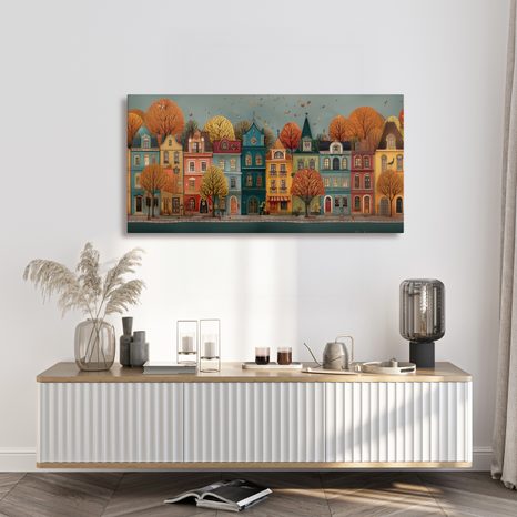 OBRAZ HISTORICKÉ FASÁDY S PODZIMNÍMI STROMY - BAREVNÉ DOMY - OBRAZY