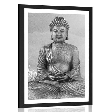 POSTER WITH MOUNT BUDDHA STATUE IN A MEDITATING POSITION IN BLACK AND WHITE - BLACK AND WHITE - POSTERS