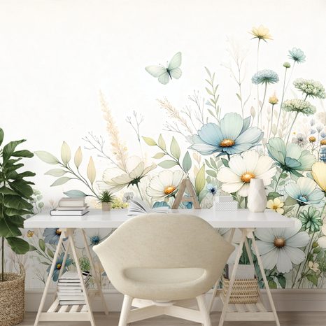 TAPETE PASTELLWIESENBLUMEN UND FLIEGENDE SCHMETTERLINGE - TAPETEN MIT BLUMENMOTIVEN - TAPETEN