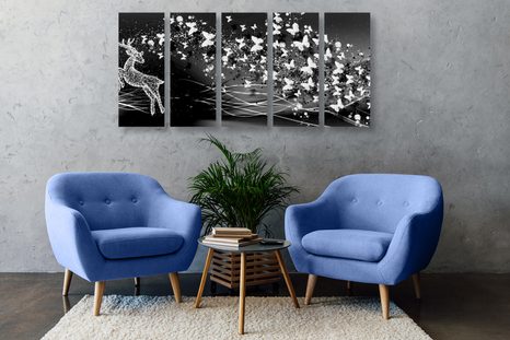 5-RÉSZES KÉP CSODÁS SZARVAS FEKETE FEHÉRBEN - FEKETE-FEHÉR KÉPEK - KÉPEK