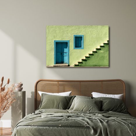 WANDBILD BLAUE TÜR UND TREPPEN - BUNTE HÄUSER - BILDER