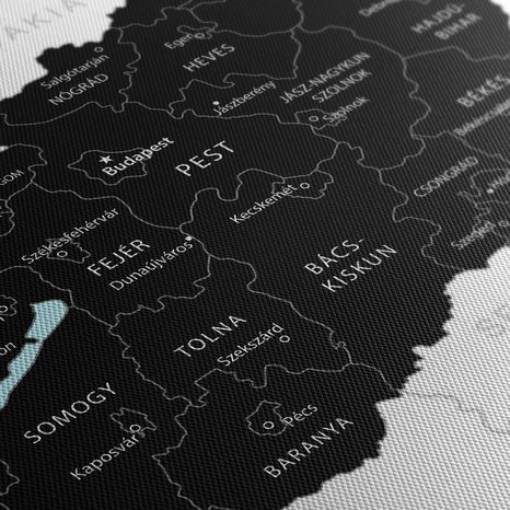 QUADRO SU TELA – MAPPA NERA STILOSA DELL'UNGHERIA - QUADRI MAPPE - STAMPE E QUADRI