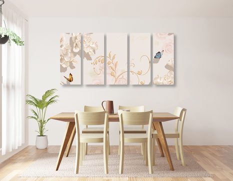 TABLOU 5-PIESE NATURA MOARTĂ VINTAGE CU FLUTURE - TABLOURI VINTAGE ȘI RETRO - TABLOURI