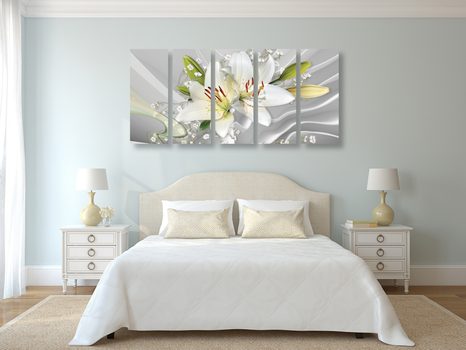 5-DÍLNÝ OBRAZ BÍLÁ LILIE NA ZAJÍMAVÉM POZADÍ - OBRAZY KVĚTŮ - OBRAZY