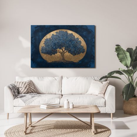 WANDBILD BLAUER LEBENSBAUM AUF GOLDENEM HINTERGRUND - BILDER BÄUME DES LEBENS - BILDER